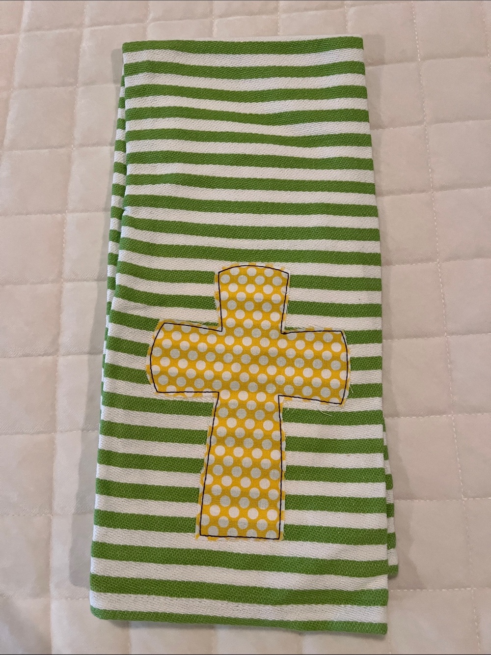 Striped Green and White Kitchen Towel with Yellow Polka Dot Cross Applique